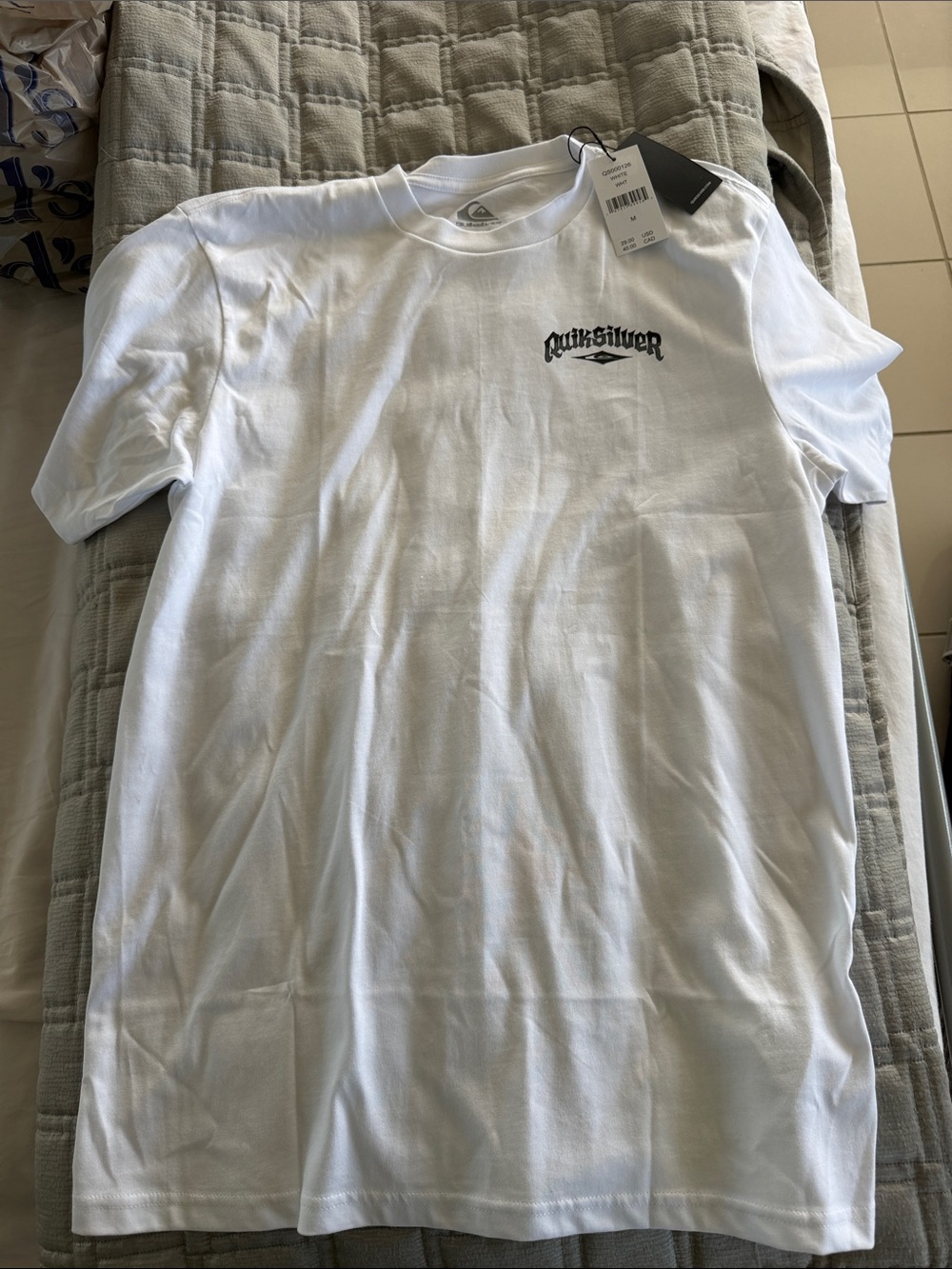 Quiksilver White Short Sleeve Tee with Black Chest Script Logo